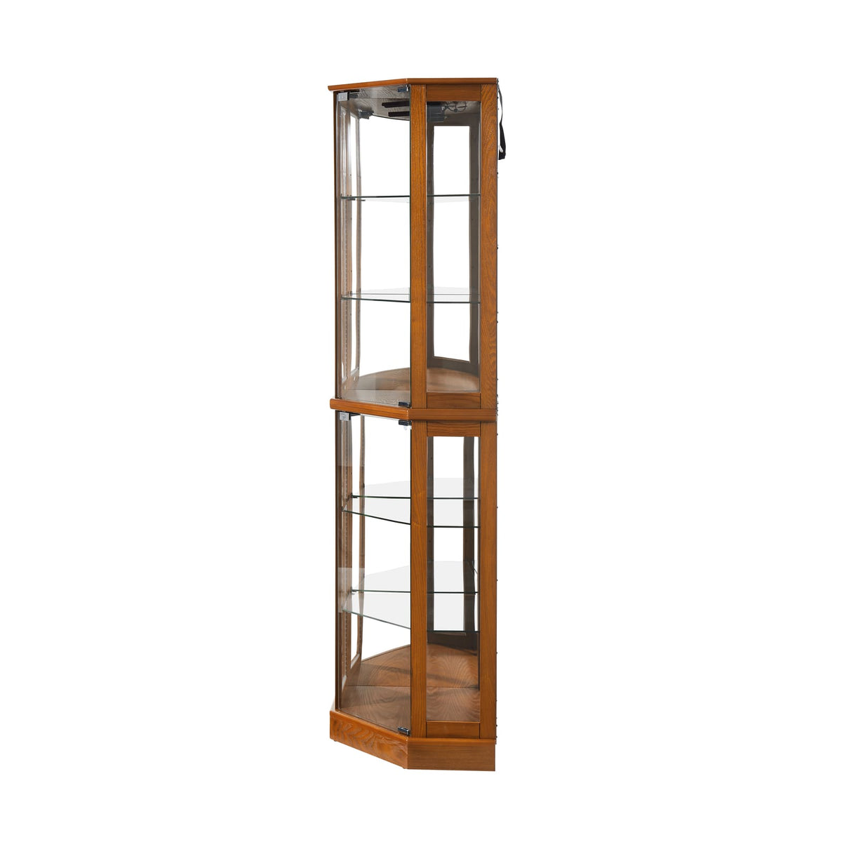 72" Oak Corner Curio Cabinet with Mirrored Panel & Lights