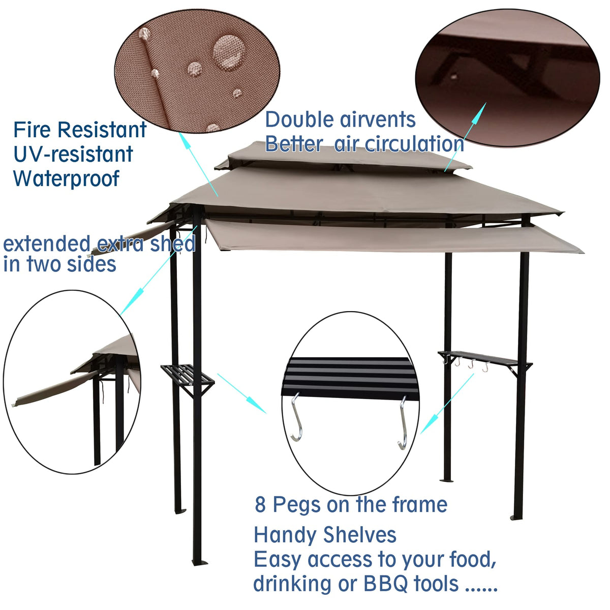 8x4ft Steel Grill Gazebo with Mushroom Canopy - Outdoor Shade Shelter