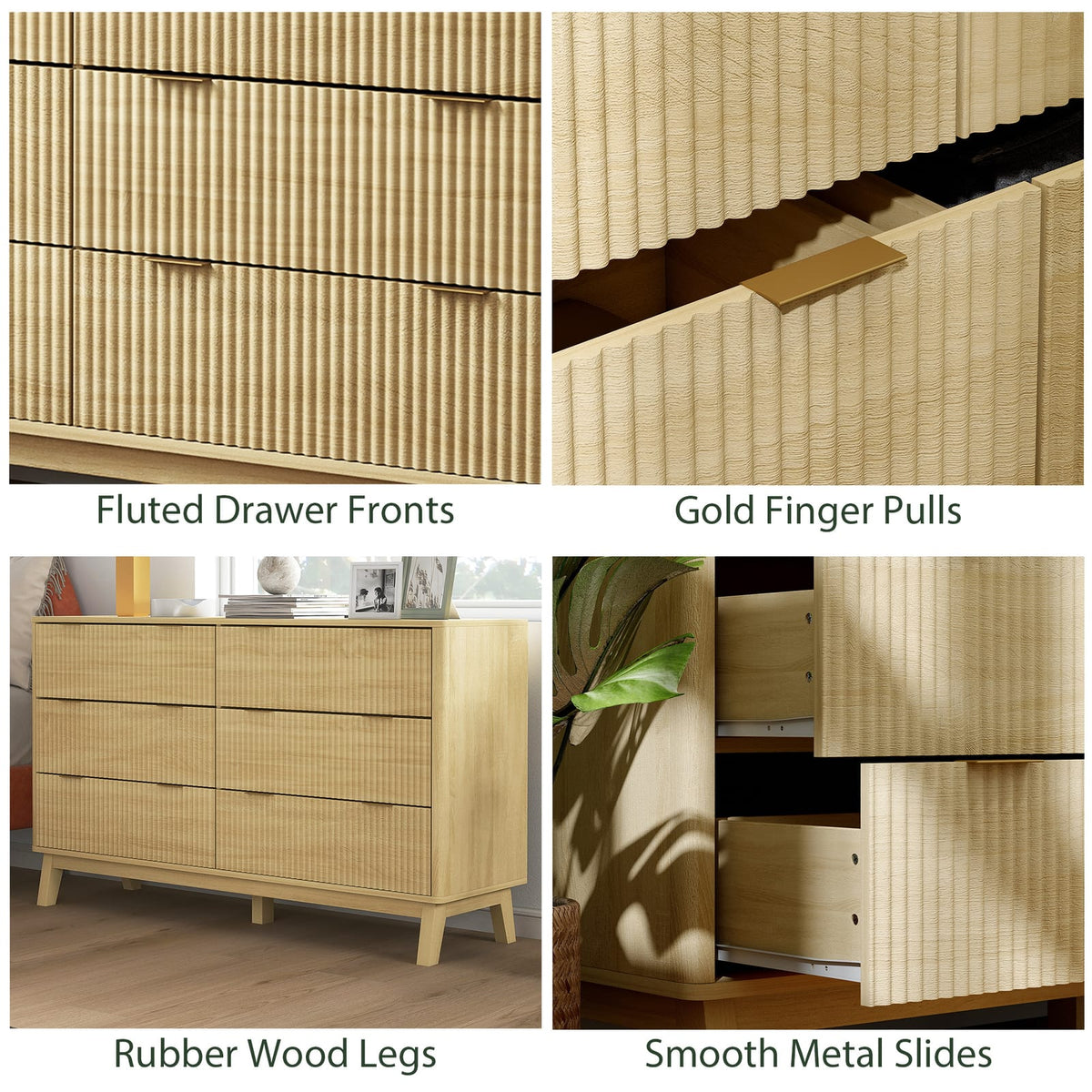 Natural Wood 6 Drawer Bedroom Dresser