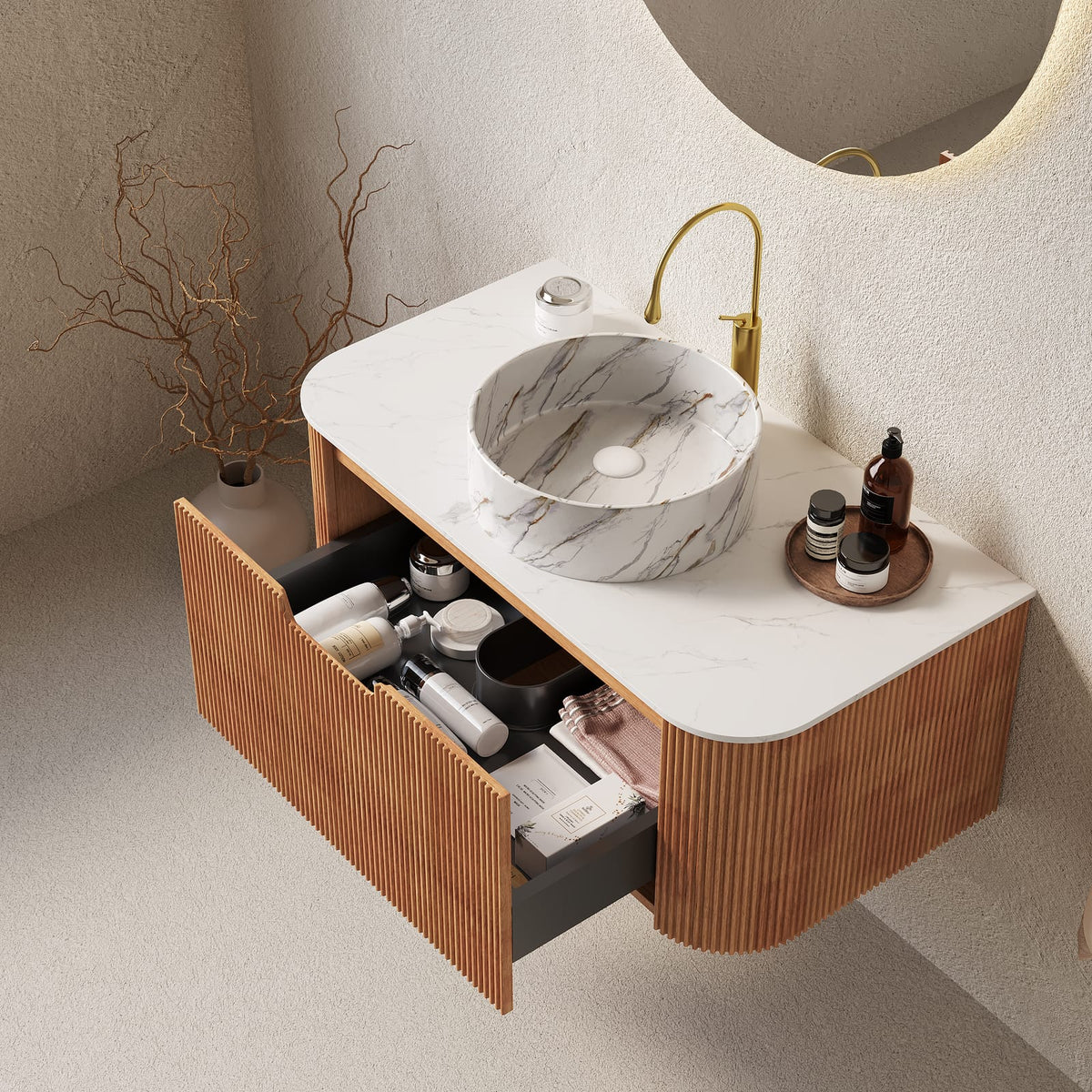 36" Natural Wood White Bathroom Vanity with Ceramic Sink