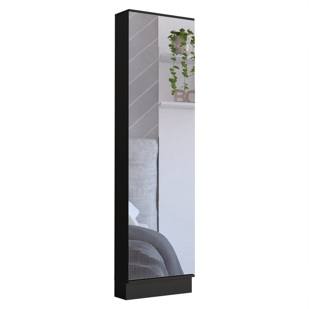 Black Particle Board Shoe Storage with Mirror and Five Shelves for Bedroom