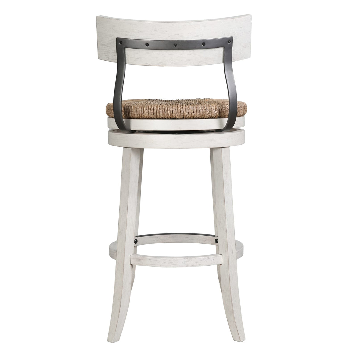 Reclaimed Wood Bar Stool with Seagrass Seat, White Finish for Bedroom