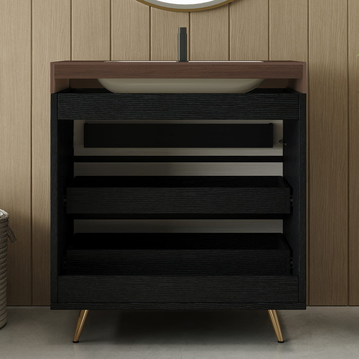 29.9 Inch Black Freestanding Bathroom Vanity with Sintered Stone Top