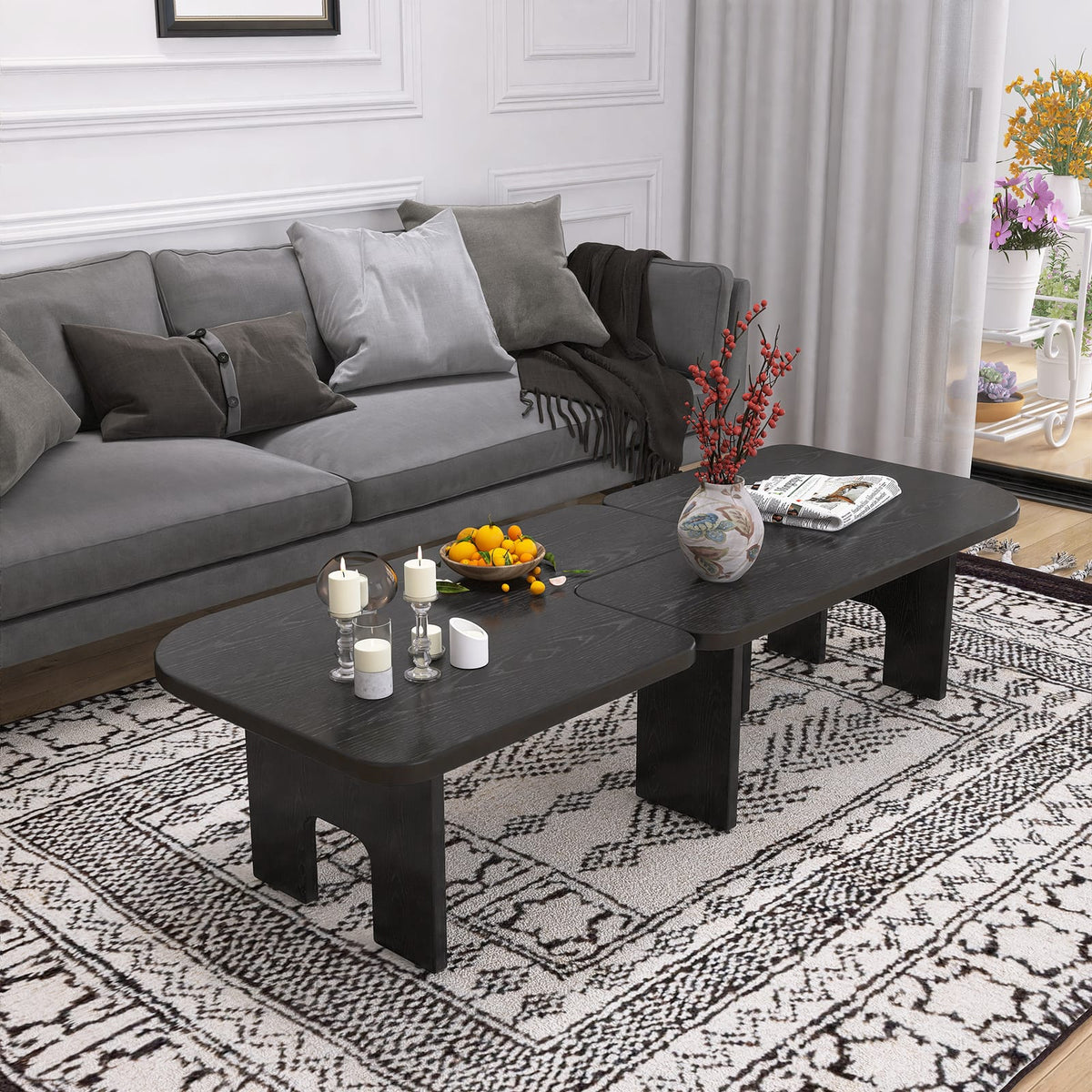 Living Room Antique Black MDF Nesting Coffee Table Set with Flexible Splicing Design