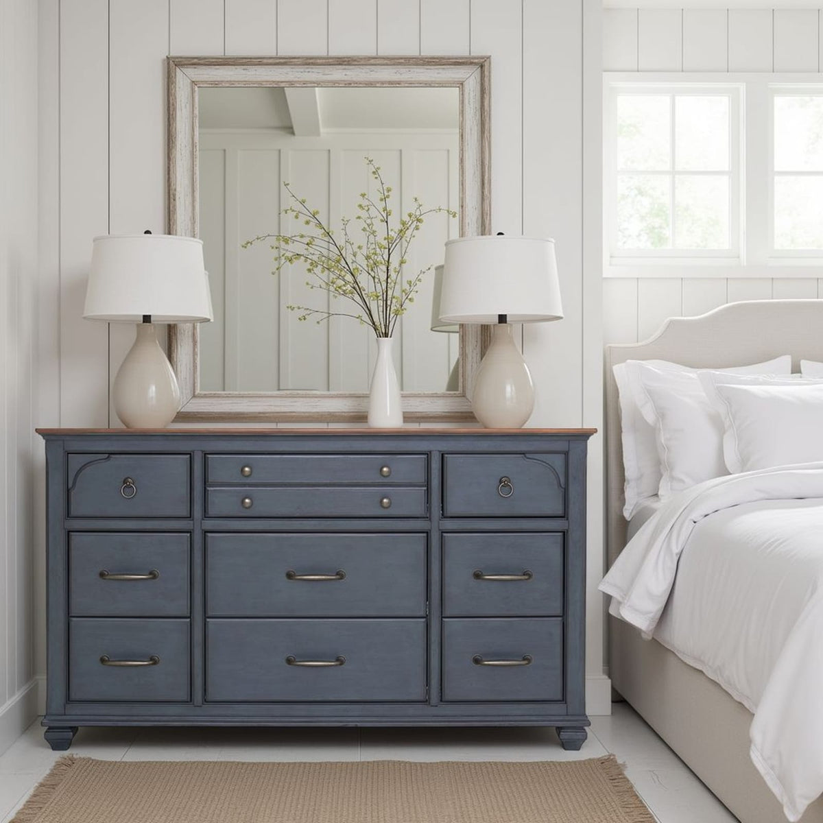 66" Blue Rubber Wood Dresser - Nine Drawers