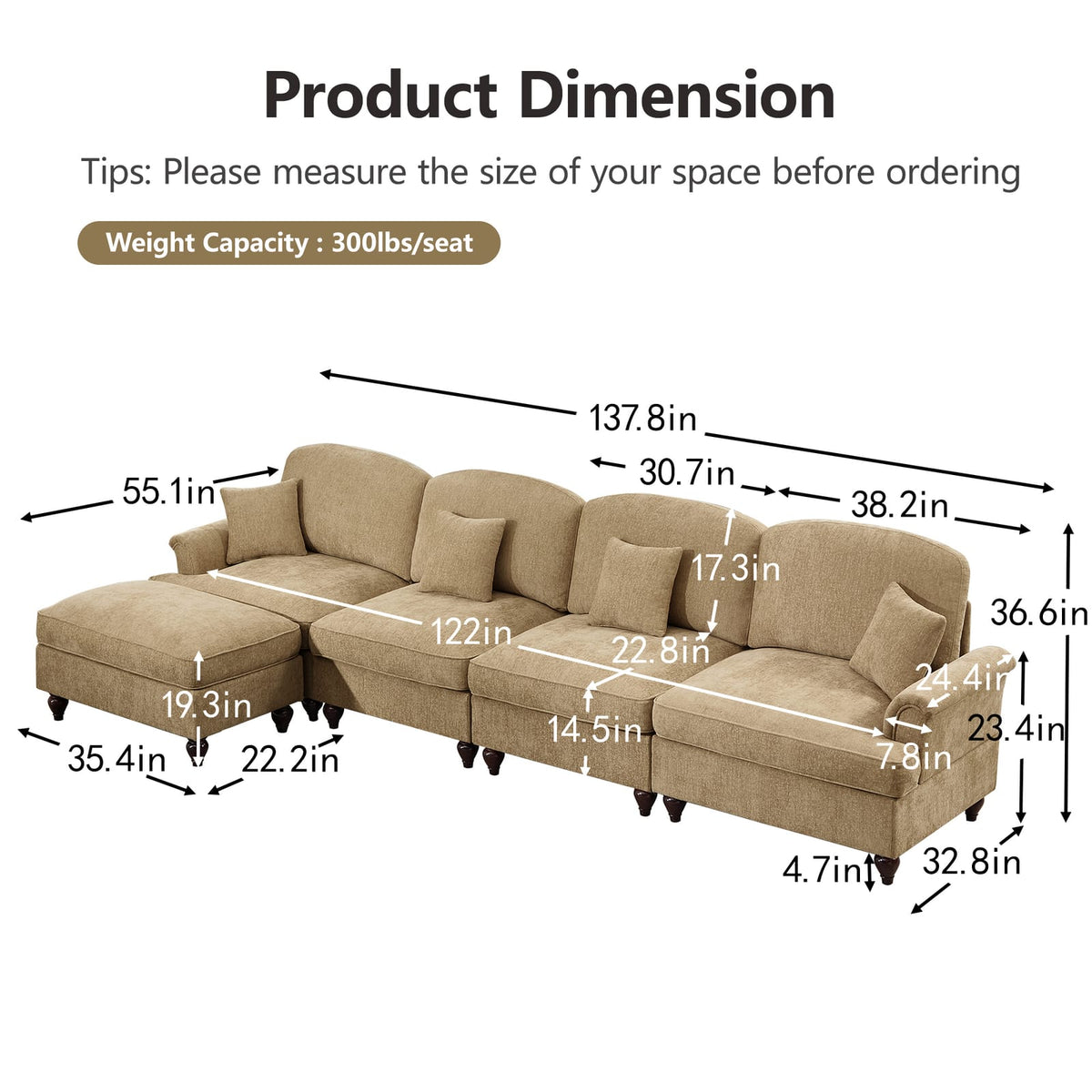 Light Coffee Chenille Modular Sectional Sofa with Removable Ruffles for Living Room