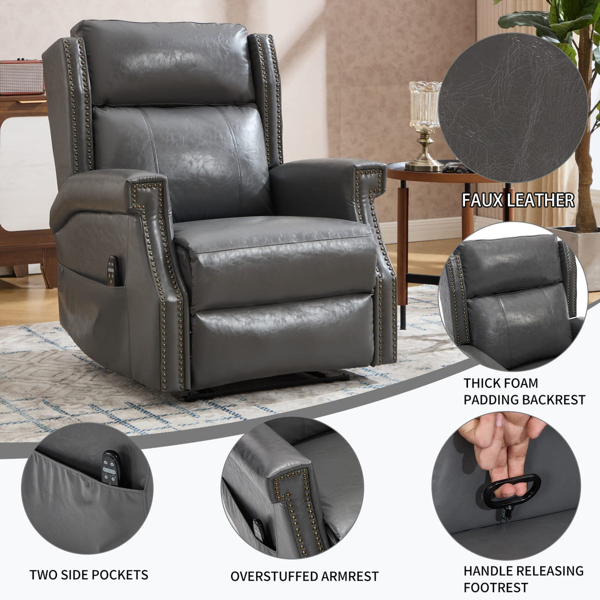 Grey Manual Recliner Chair - Faux Leather, 8 Vibration Modes
