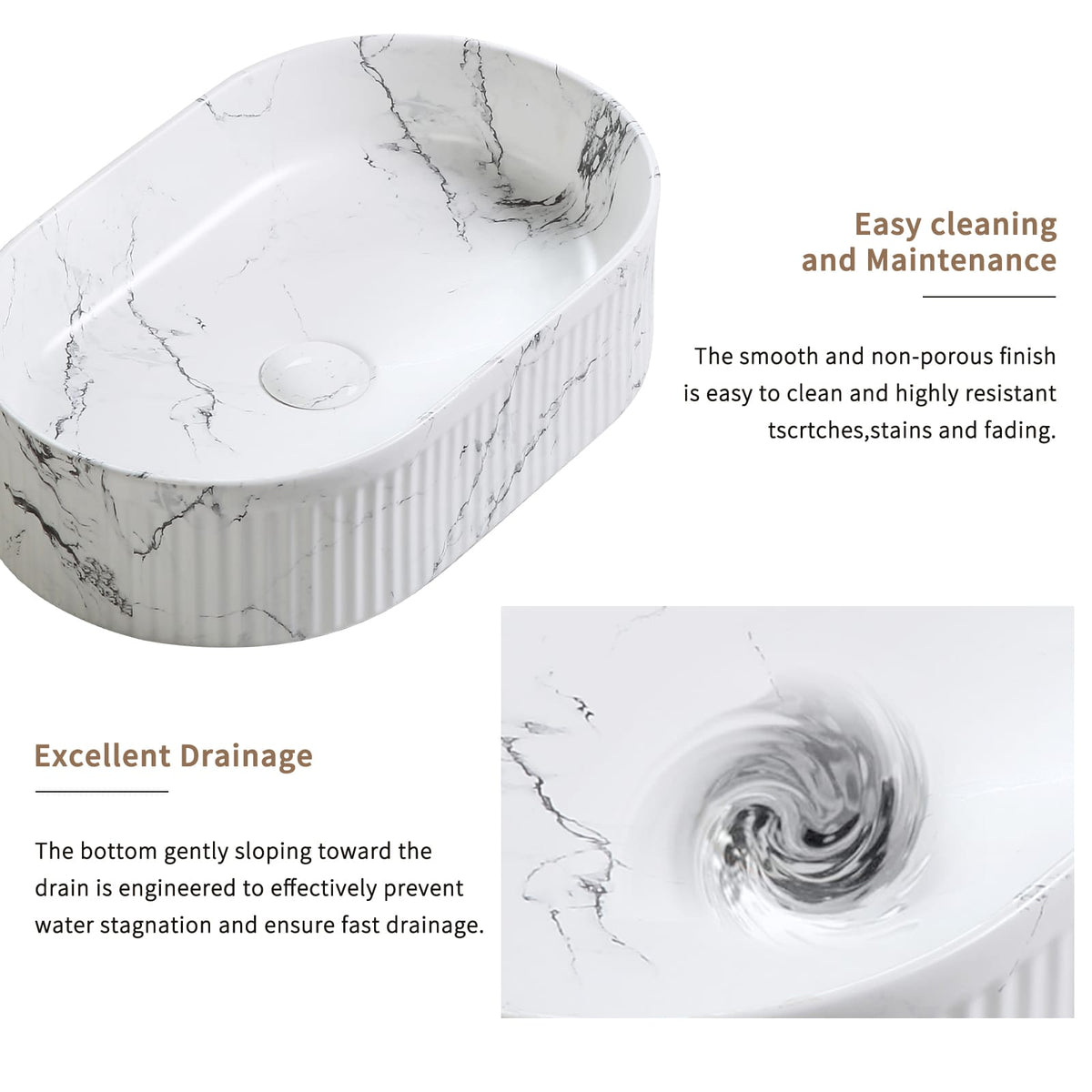 White & Black Marble Vessel Sink - 19" Round Above Counter Bathroom Vanity Sink