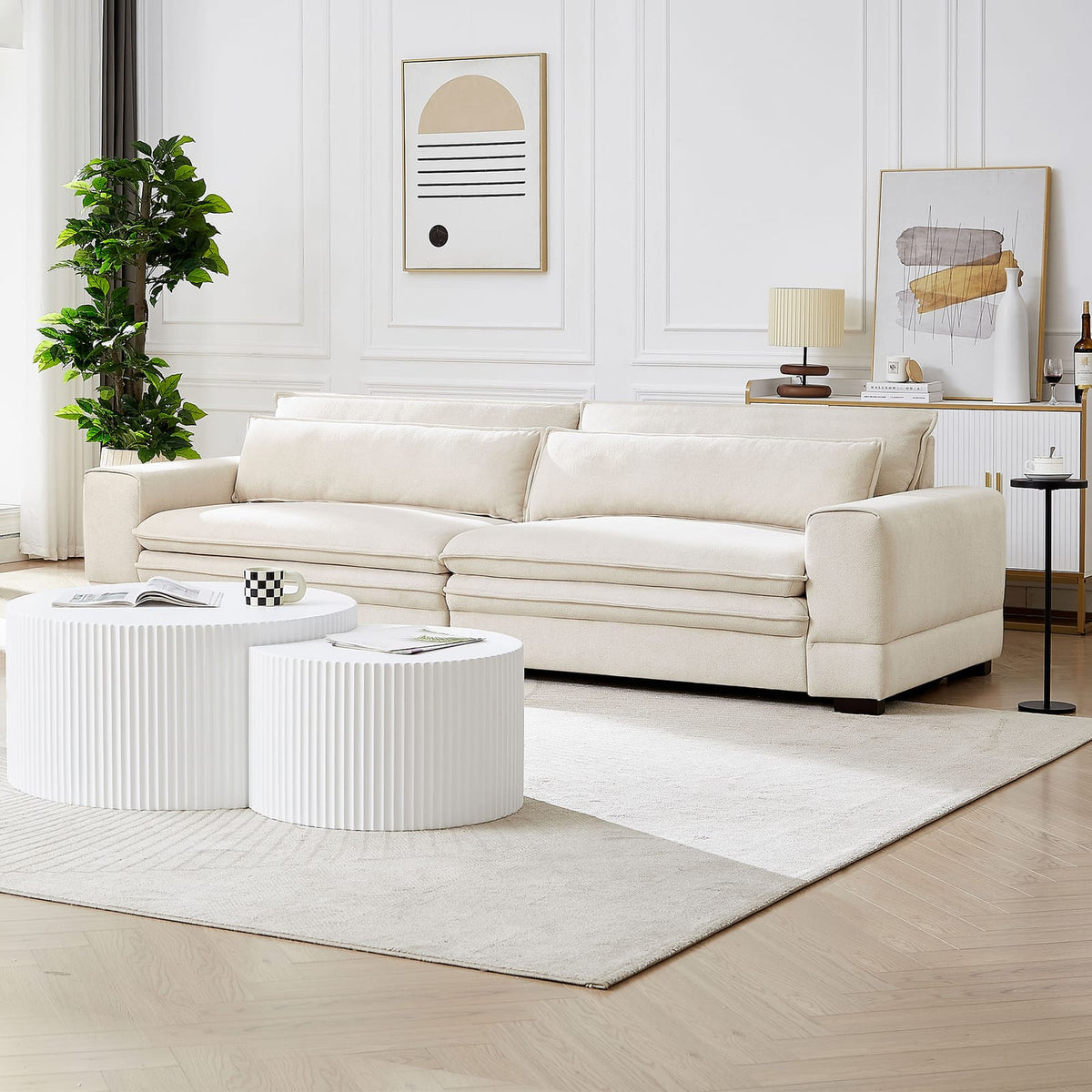 Beige Fabric 4 Seat Mid-Century Sofa Couch for Living Room
