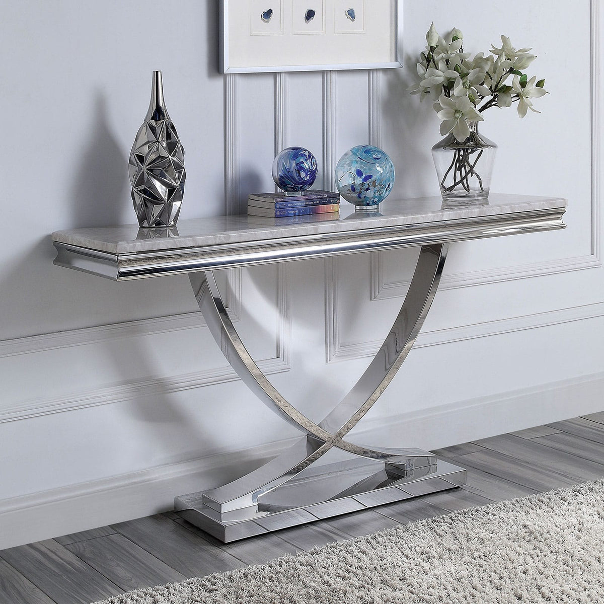 55" Chrome Glam Coffee Table with Faux Marble Top