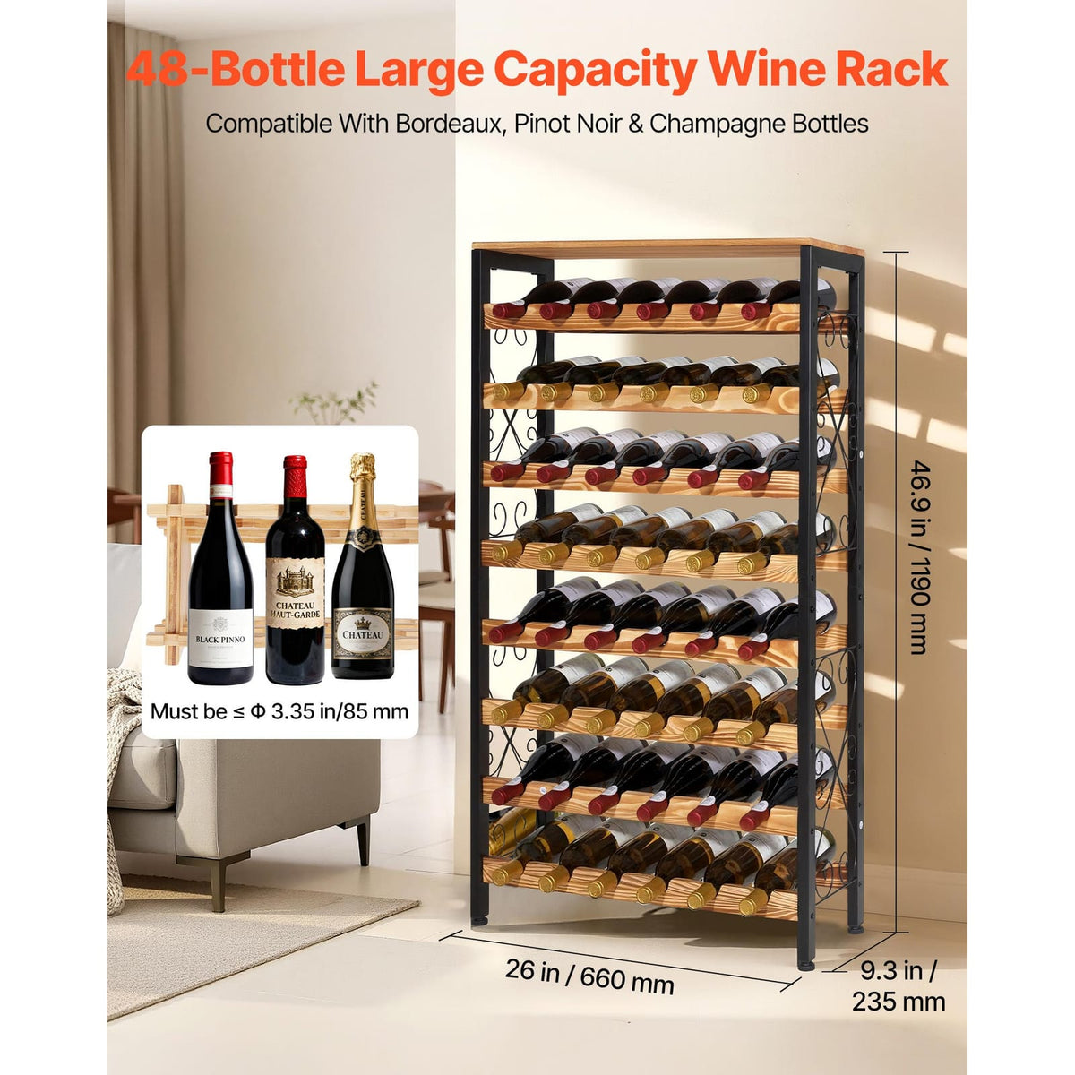 8 Tier Black Carbon Steel Wine Rack for Kitchen Storage and Dining Room