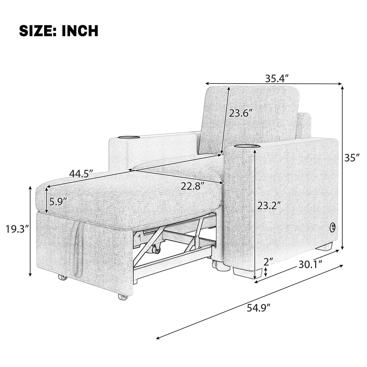 Gray Chenille Sofa Bed - 35.4" Pull Out Sofa Couch for Living Room
