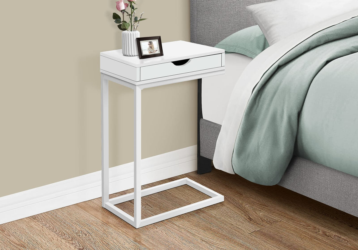White Metal Accent Table with Storage Drawer for Living Room
