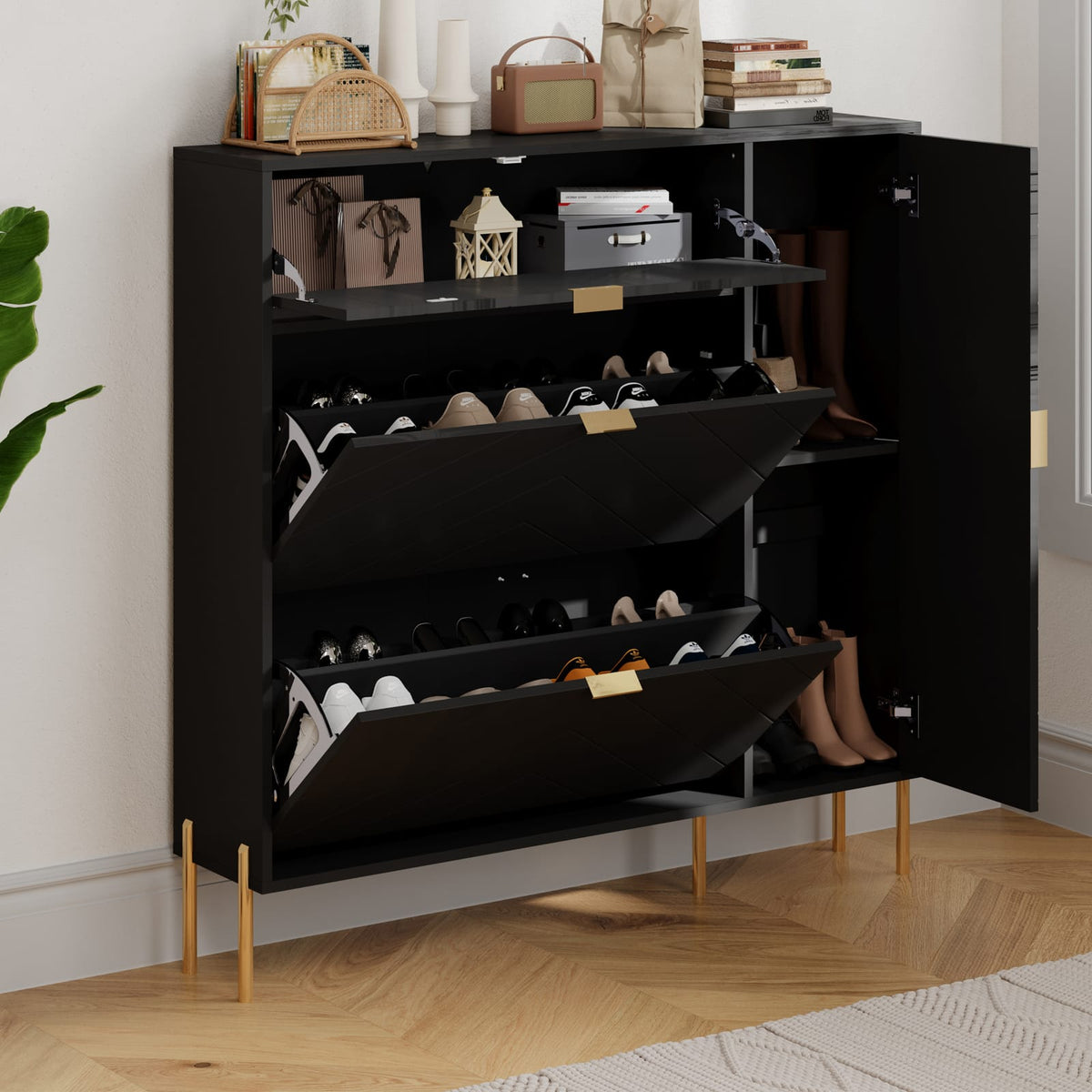 Black MDF Shoe Storage Cabinet - Flip-Up Drawers & Shelves