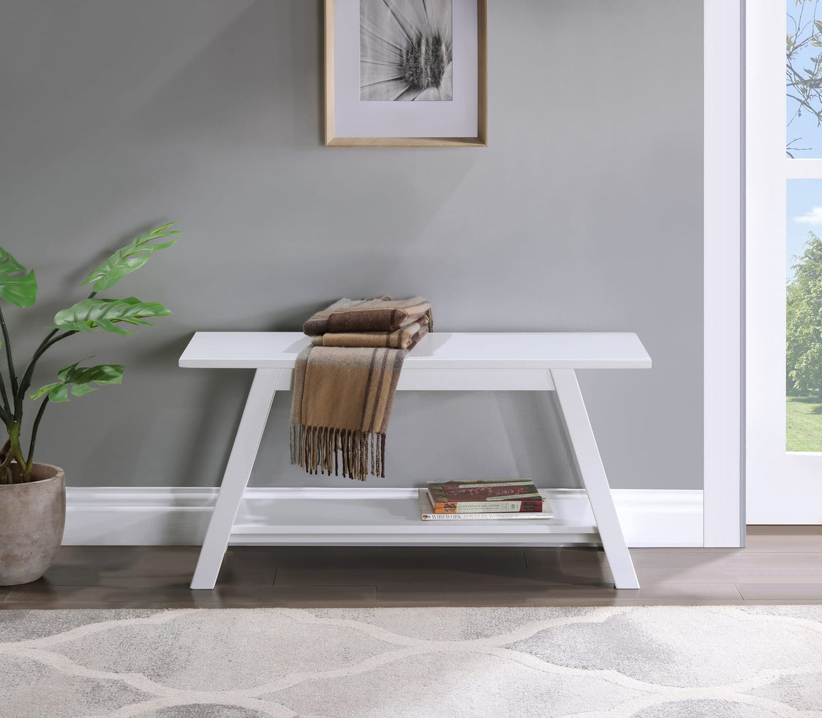 White Solid Wood Bench with Shelf - 36 Inch Long
