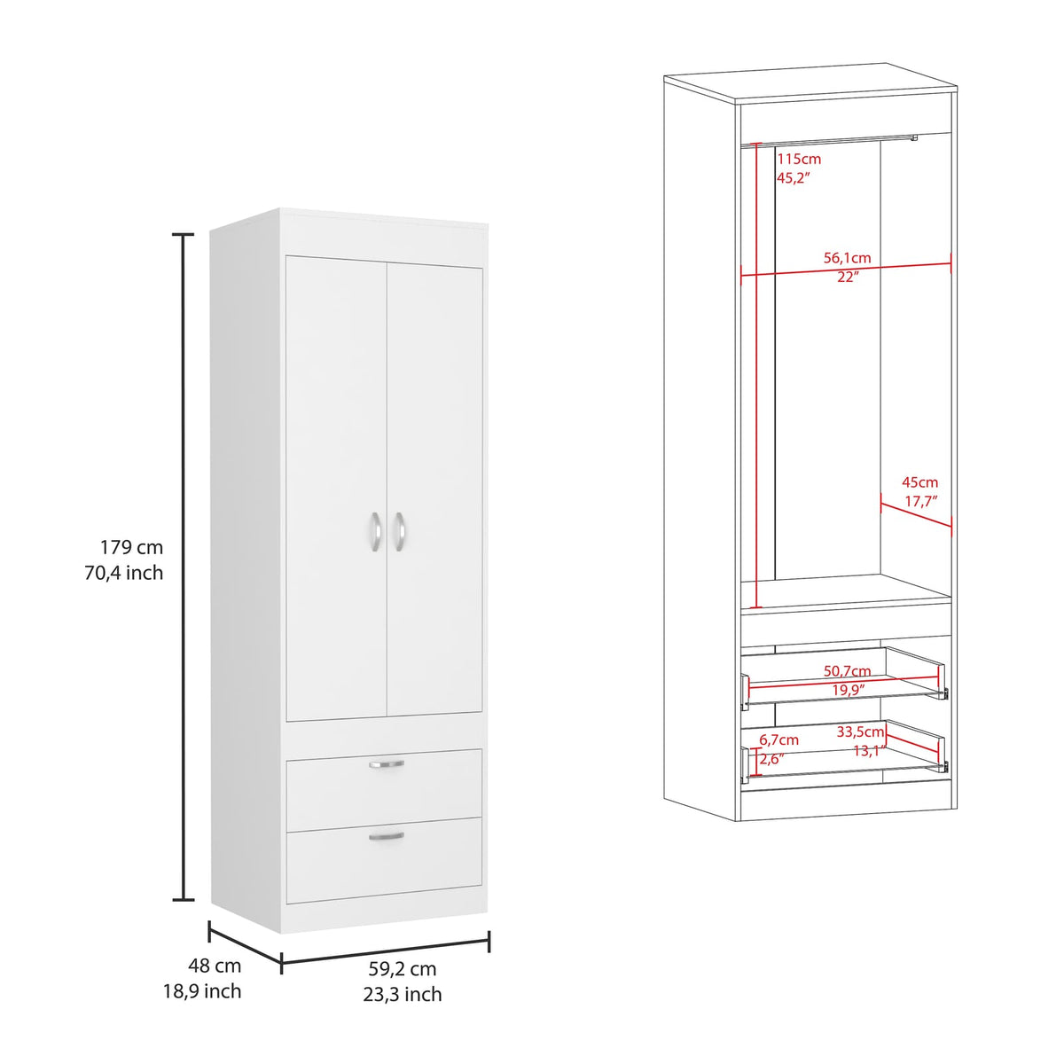 Lisboa Armoire - White, Double Door & Drawers for Bedroom