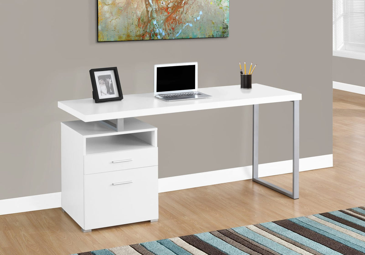 60 Inch White Particle Board Computer Desk with Grey Metal Frame for Home Office