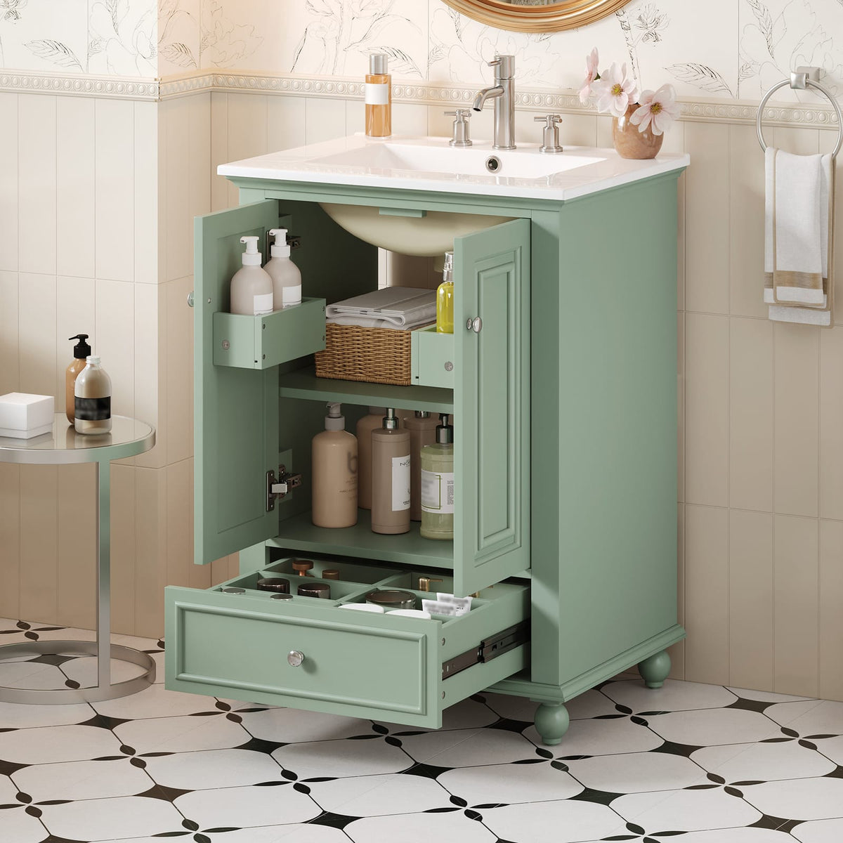 Green Bathroom Vanity with Ceramic Sink Storage