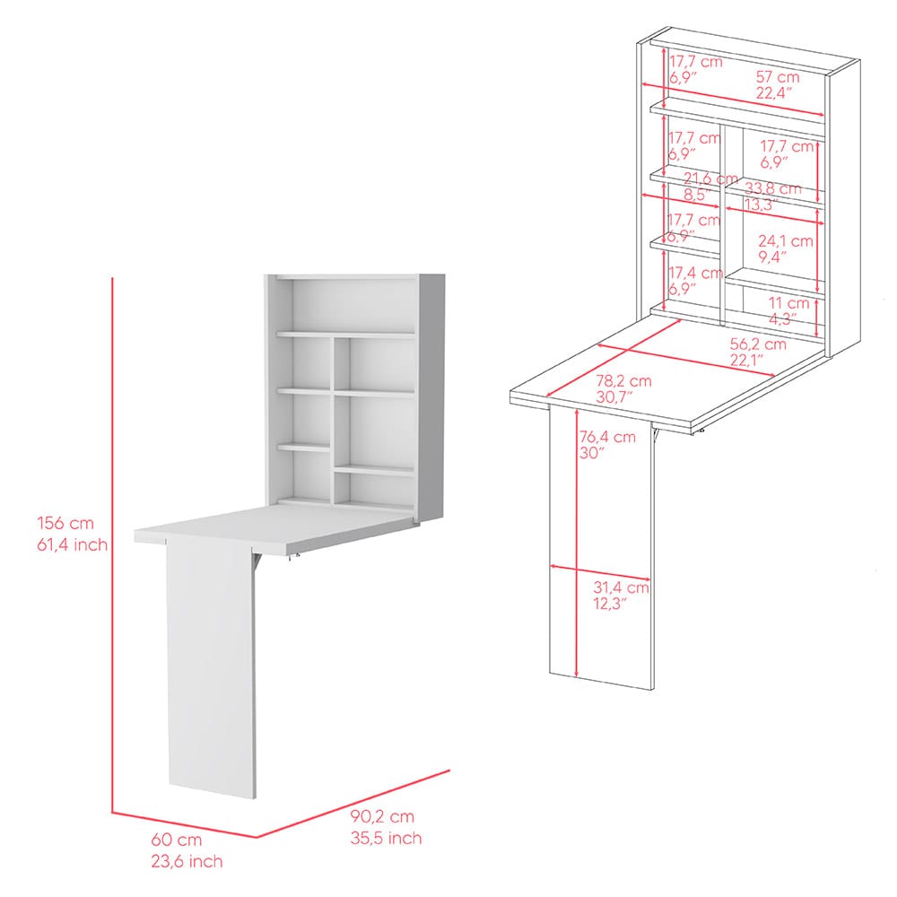 Foldable Table Tacoma - White, 7 Shelves Storage for Living Room