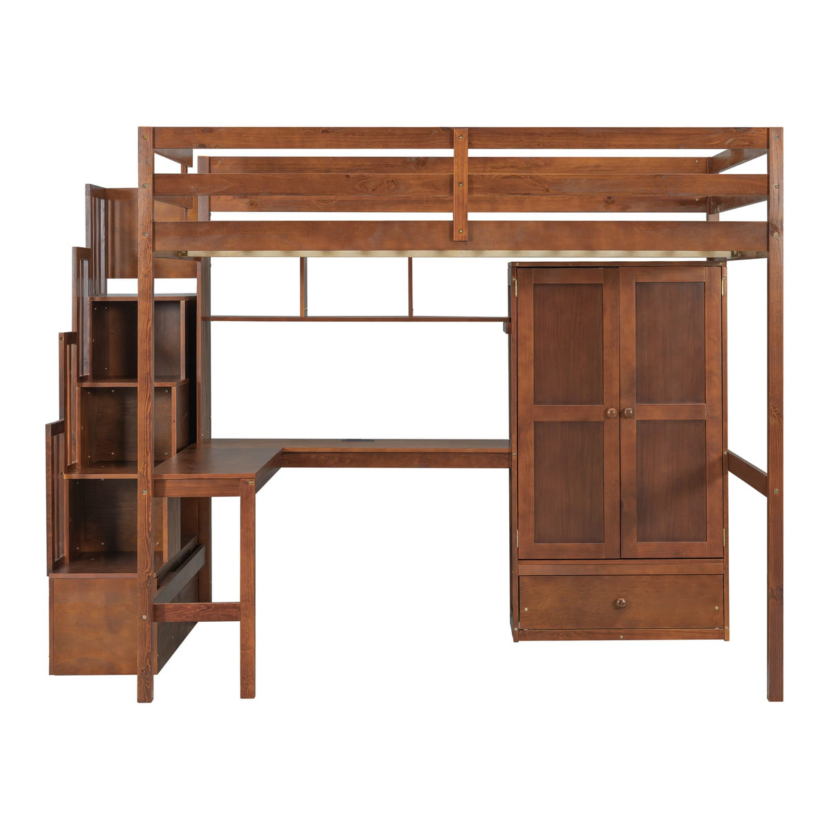 Full Size Walnut Pine Loft Bed with Desk & Storage for Bedroom