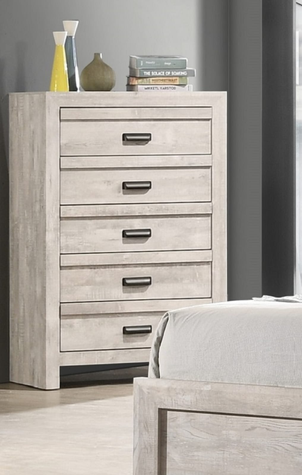Beige Gray Wood Chest of Drawers - 5 Drawer Dresser
