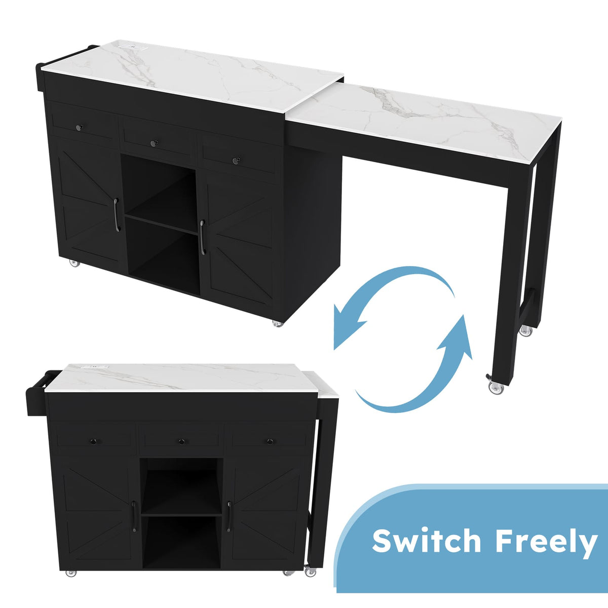 74.8" Extendable Kitchen Island with Marble Top - Black MDF for Dining Room