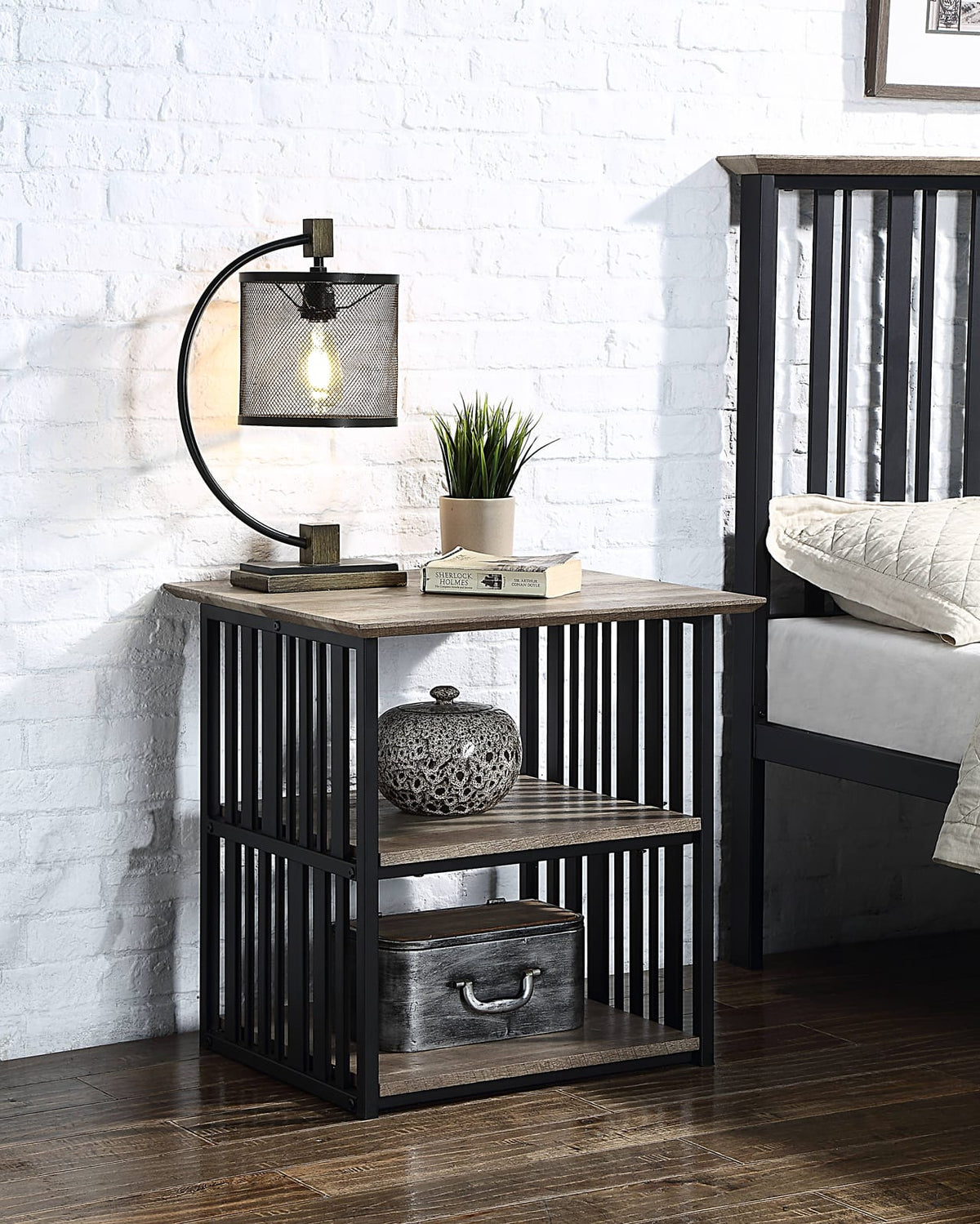 Antique Oak Black Nightstand with Drawer - Bedroom Storage