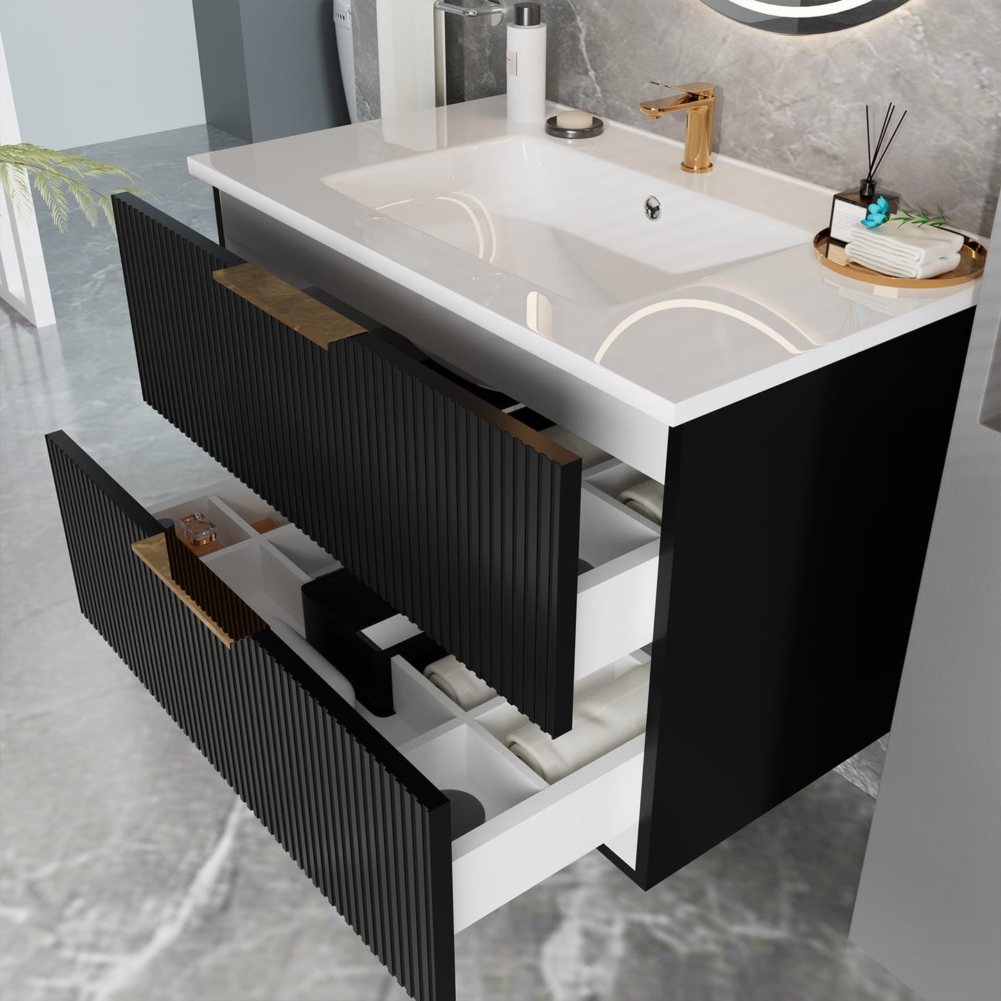 Black MDF Bathroom Vanity - Floating Wall Mounted Storage