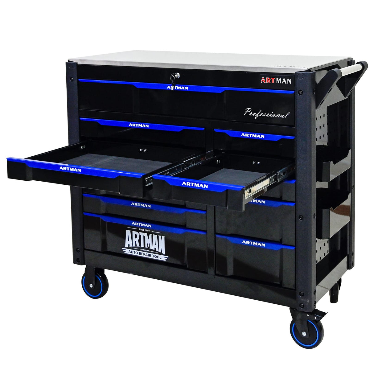 12-Layer Tool Trolley with Wheels - Black & Blue Steel