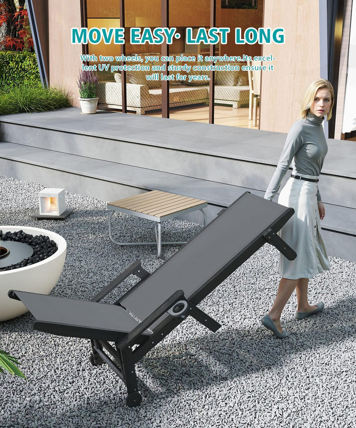 HDPE Dark Grey Outdoor Chaise Lounge with Wheels - Patio Seating