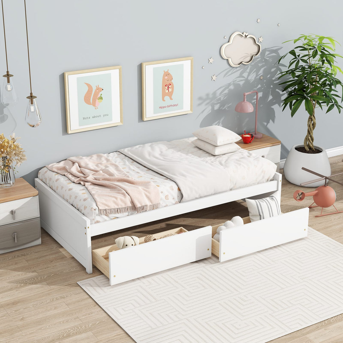 Twin Size Bed with 2 Drawers - White Rubber Wood Frame for Bedroom