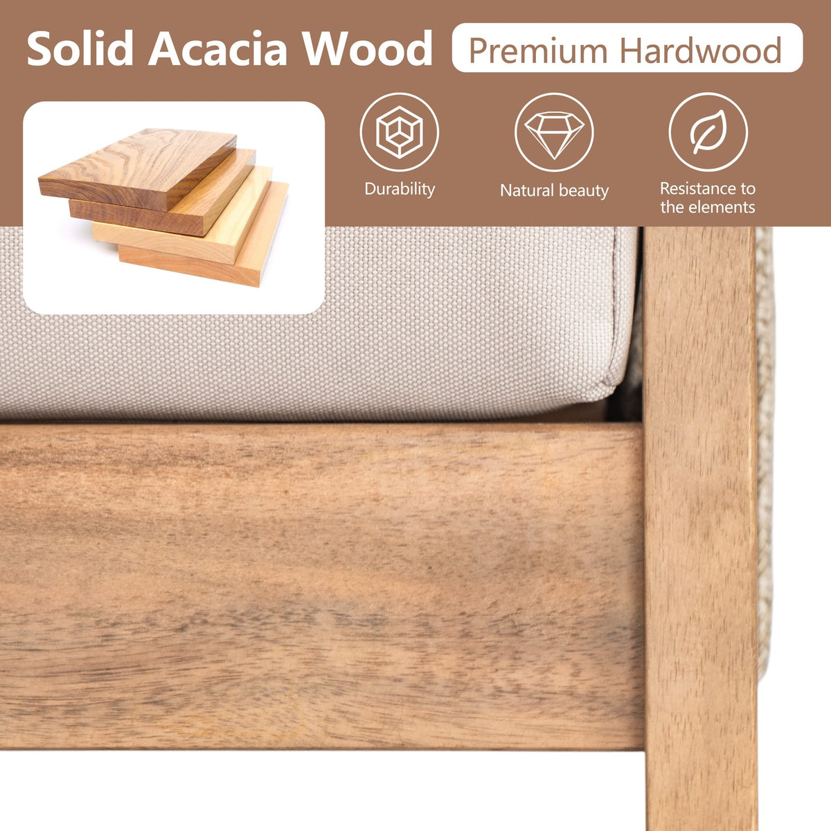 Teak Beige Acacia Wood Patio Sectional Sofa Set 4 Piece