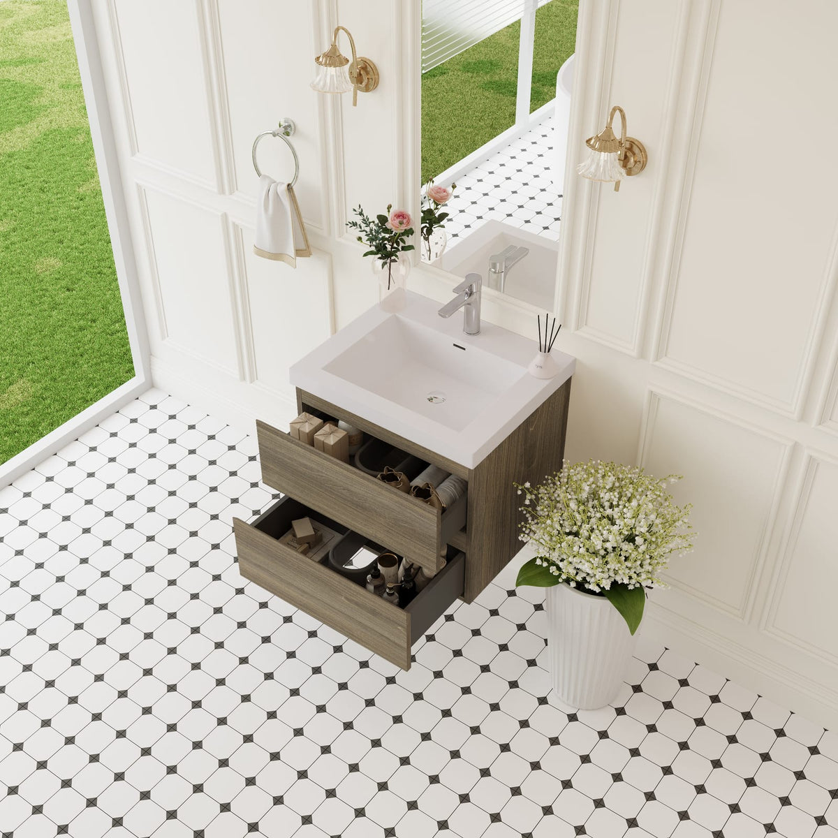 Grey Wood Bathroom Vanity with Sink - Wall Mounted Storage