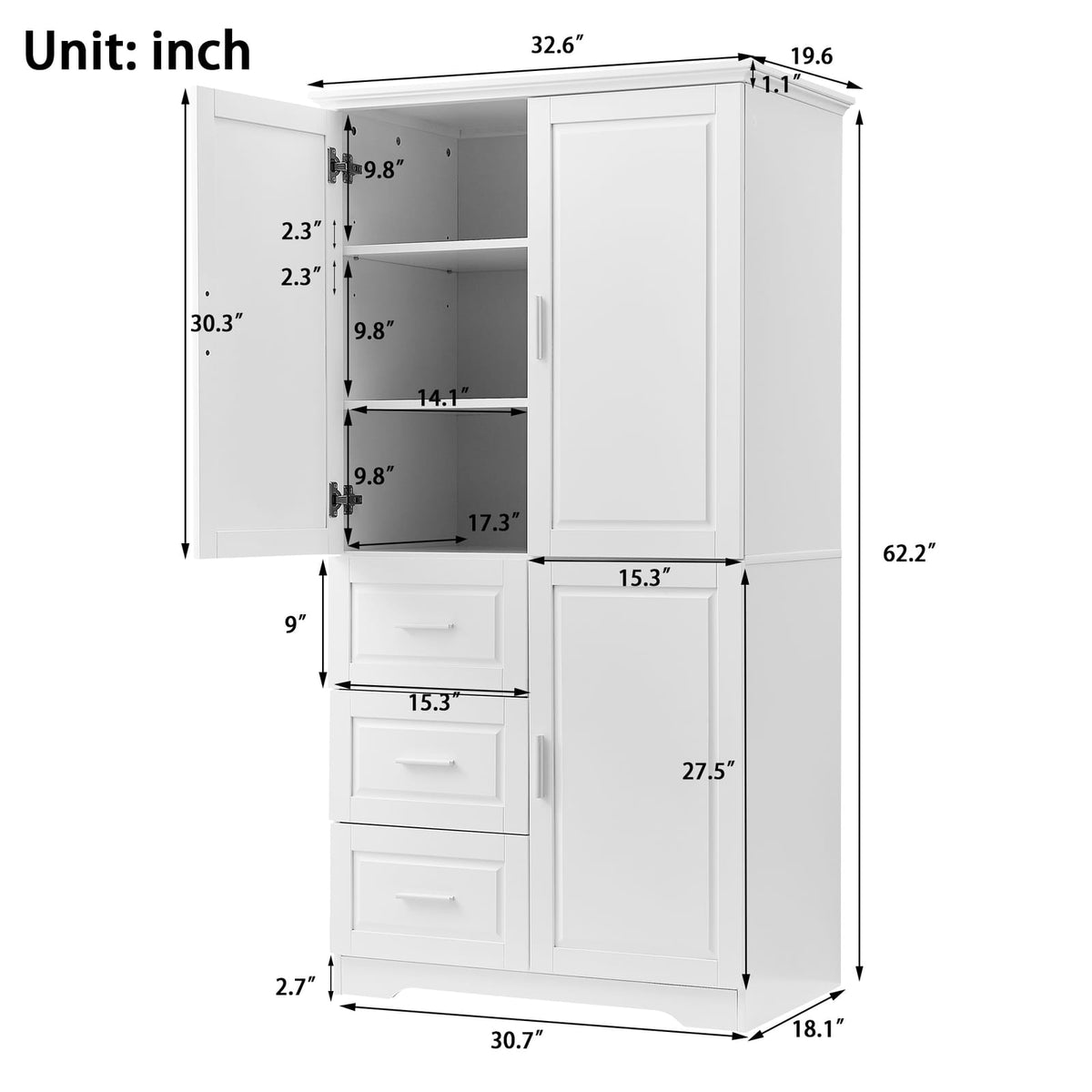 Tall White MDF Bathroom Storage Cabinet with 3 Drawers - Max Space