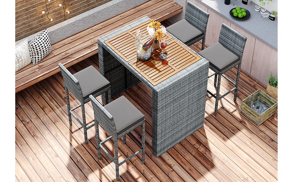 5-Piece Gray Wicker Bar Height Patio Set with Chairs