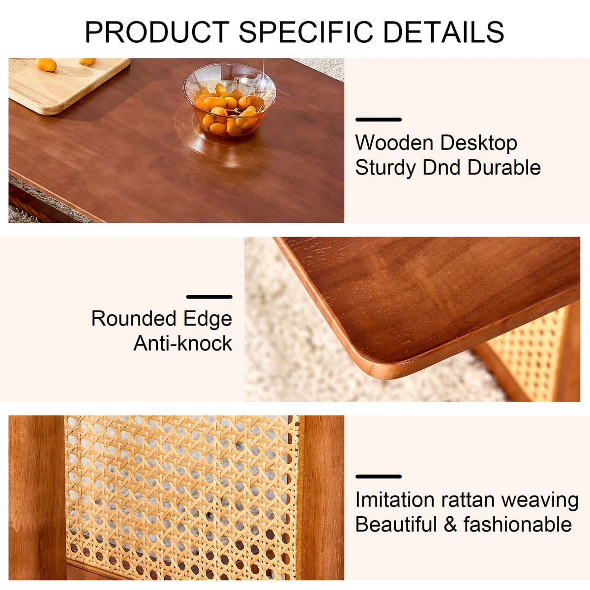 Walnut Rubber Wood Coffee Table Imitation Rattan Style for Living Room