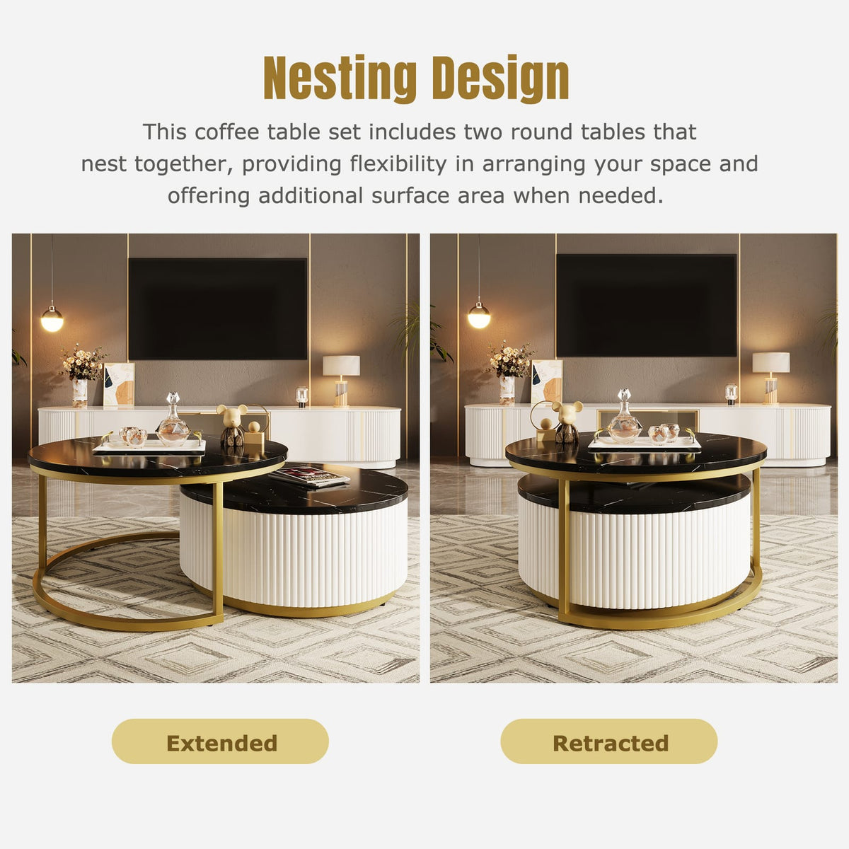 Modern Round Nesting Coffee Table - Golden Black & White