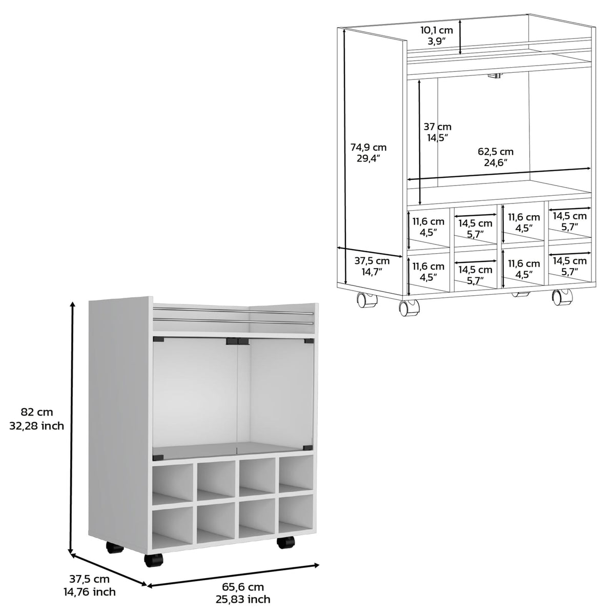 32" White Kitchen Cart with Wine Rack & Storage