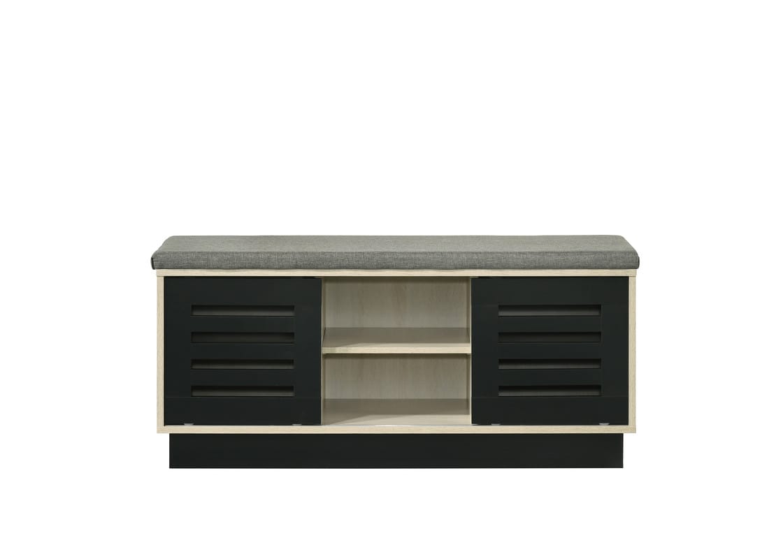 38.5" Oak Storage Bench with Gray Upholstered Top
