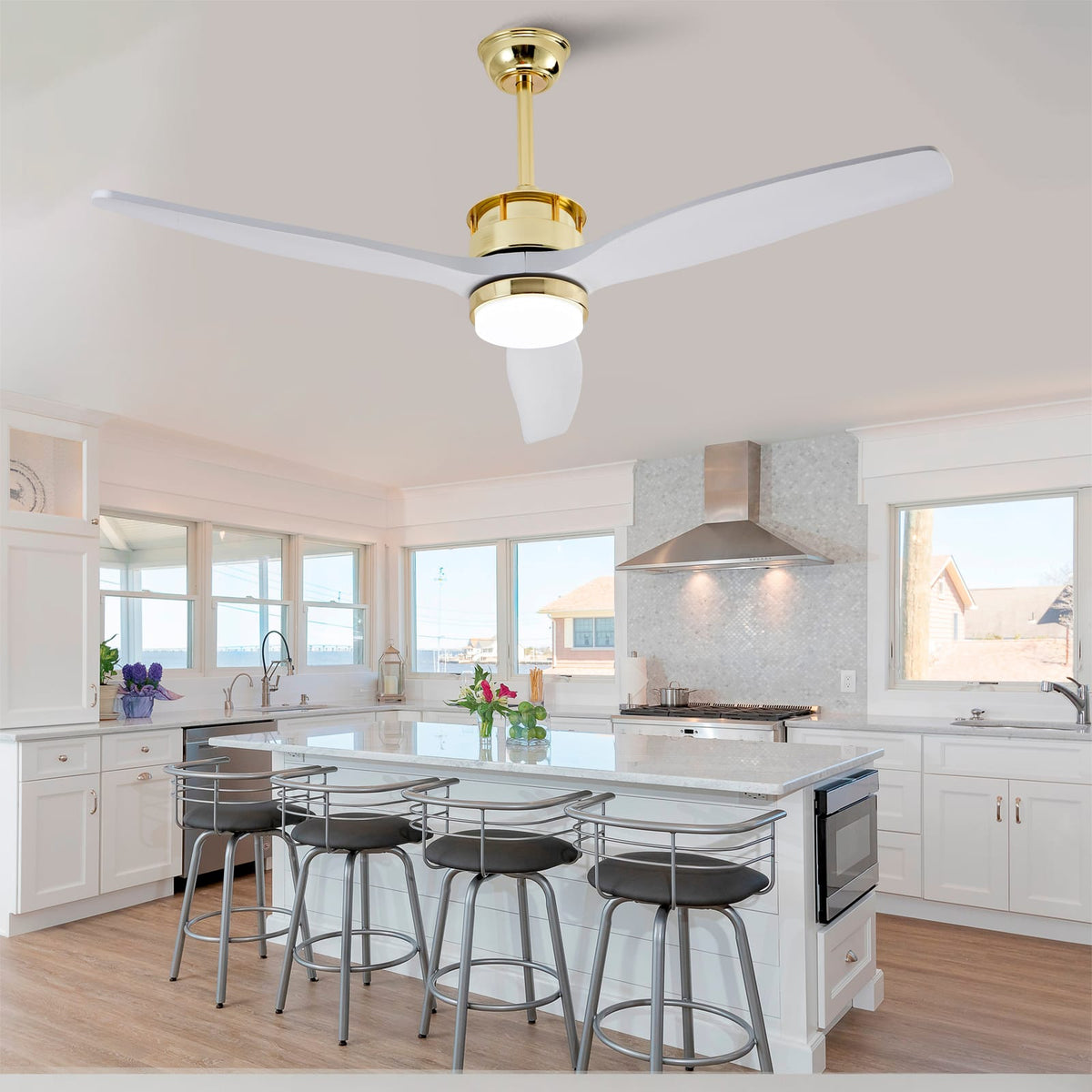 Gold and White Solid Wood Ceiling Fan with Remote Control for Bedroom