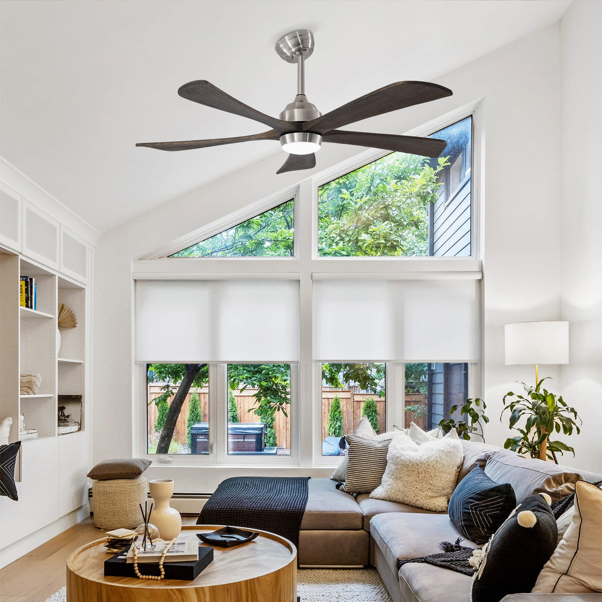 52" Solid Wood Ceiling Fan with Lights - Remote Control, Nickel Finish