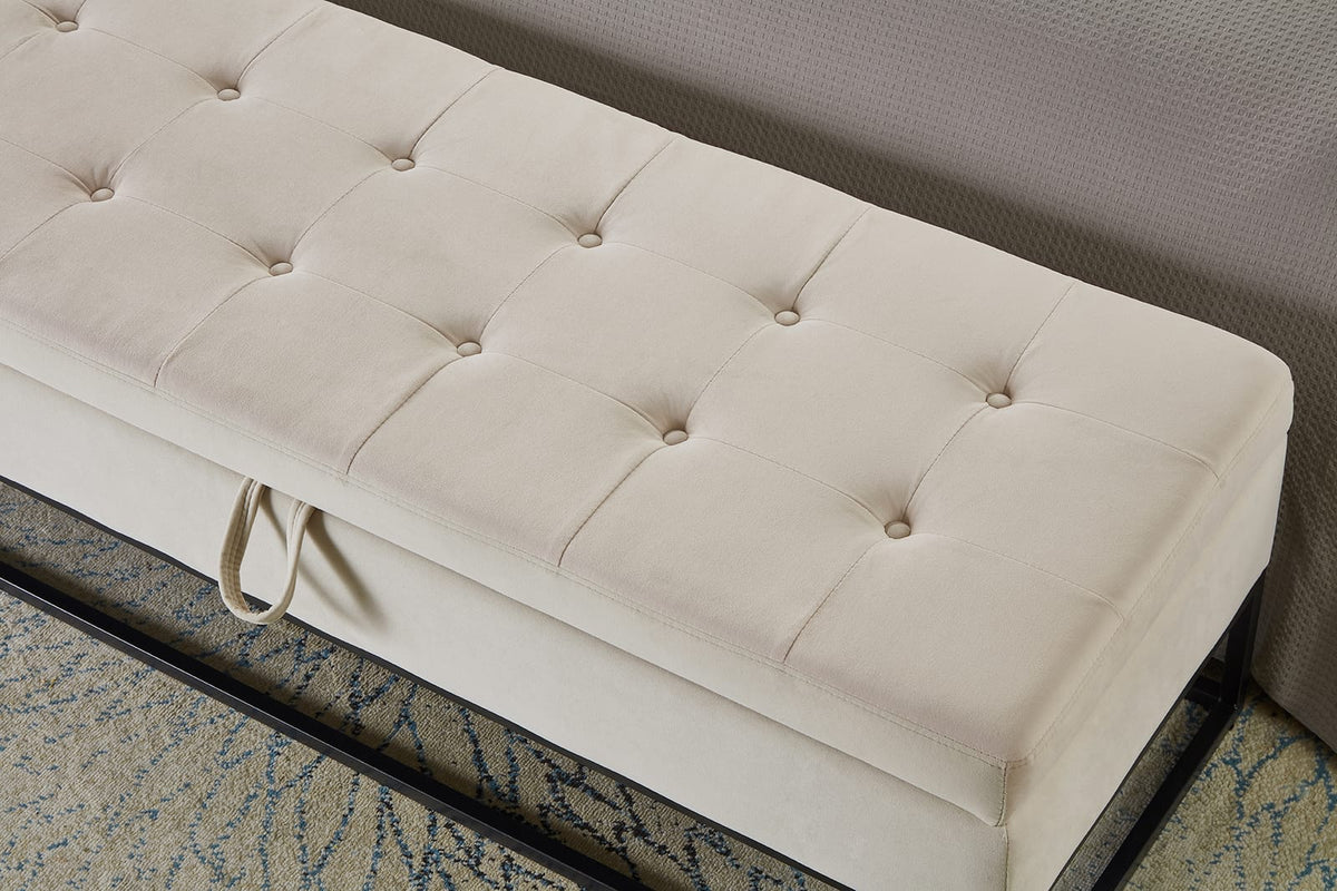 Beige Velvet Storage Bench with Metal Base for Bedroom or Guest Room