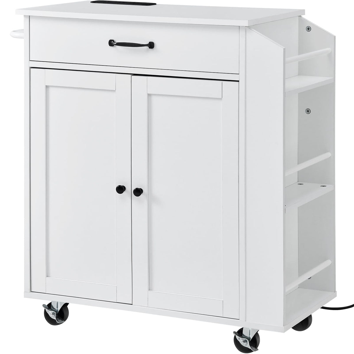 White Rolling Kitchen Storage Cart with Power Strip and Wheels