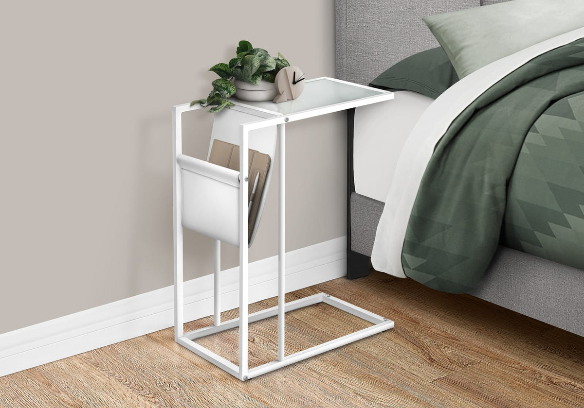 Accent Table, C-Shaped End Table with Magazine Storage - White Metal