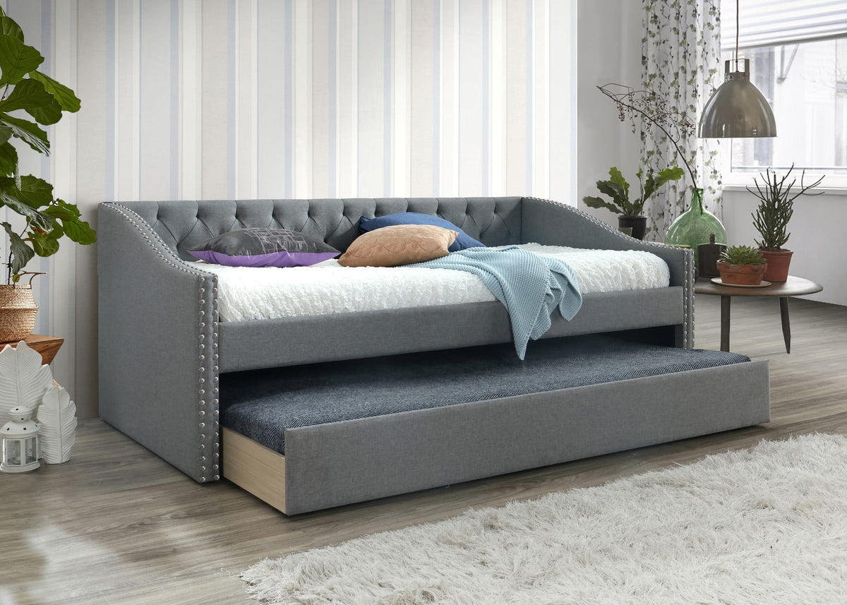 Gray Button Tufted Sofa Bed - Modern Daybed with Trundle for Living Room