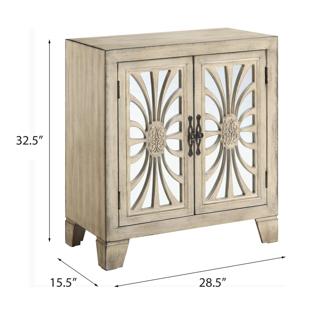 Antique White Console Table with Mirrored Doors - Storage & Style for Living Room