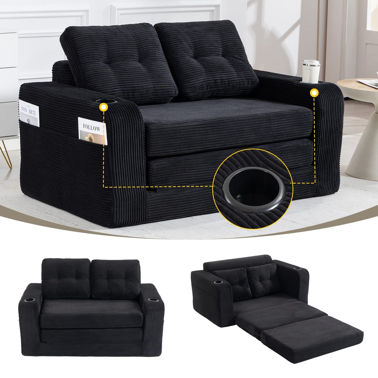 Black Corduroy 2 Seat Sofa Bed - Fold Out Sleeper for Living Room