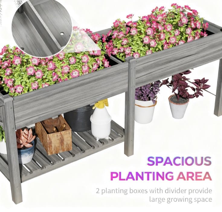 Grey Wood Raised Garden Planter with Table and Storage Shelf