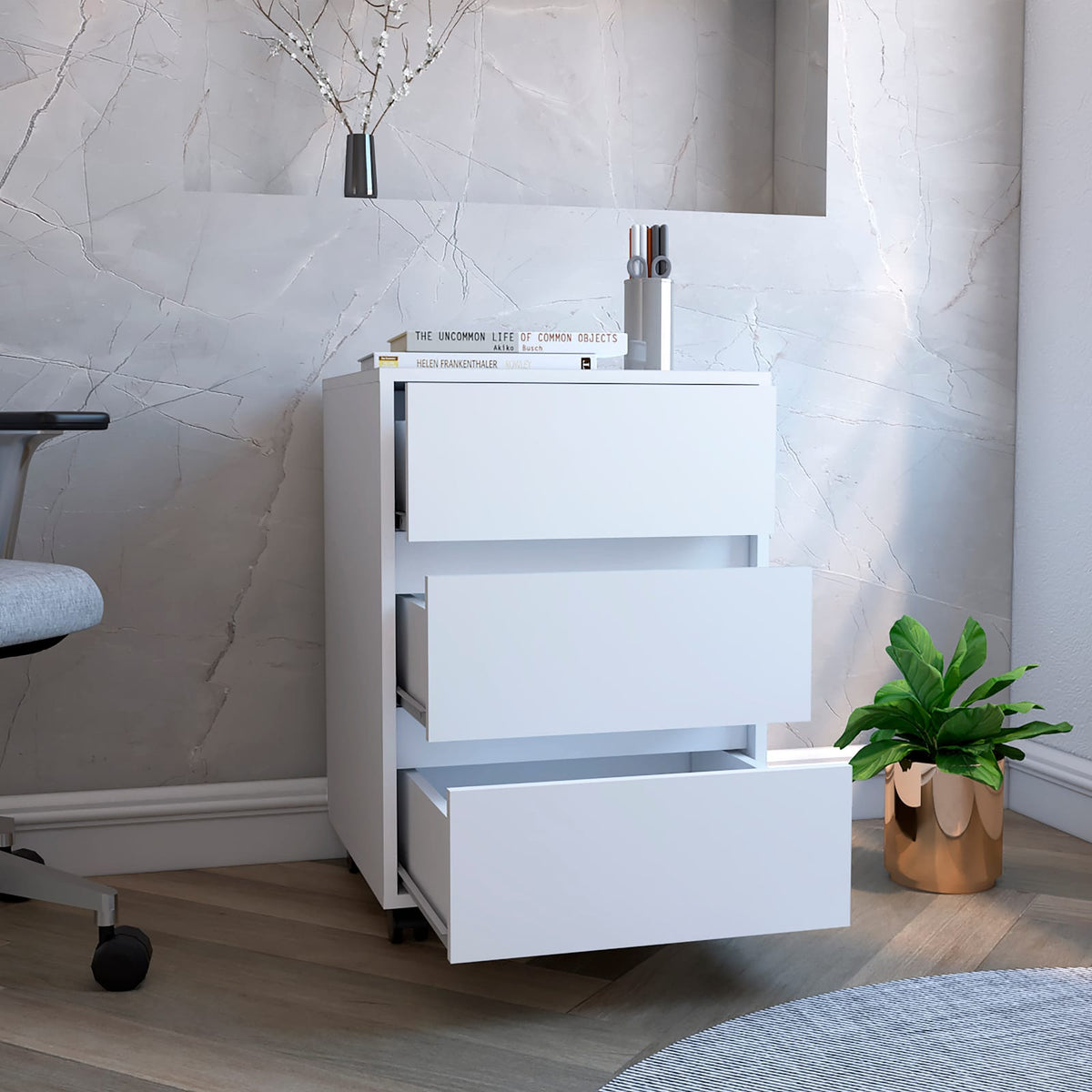White 3-Drawer Mobile File Cabinet with Locking Wheels