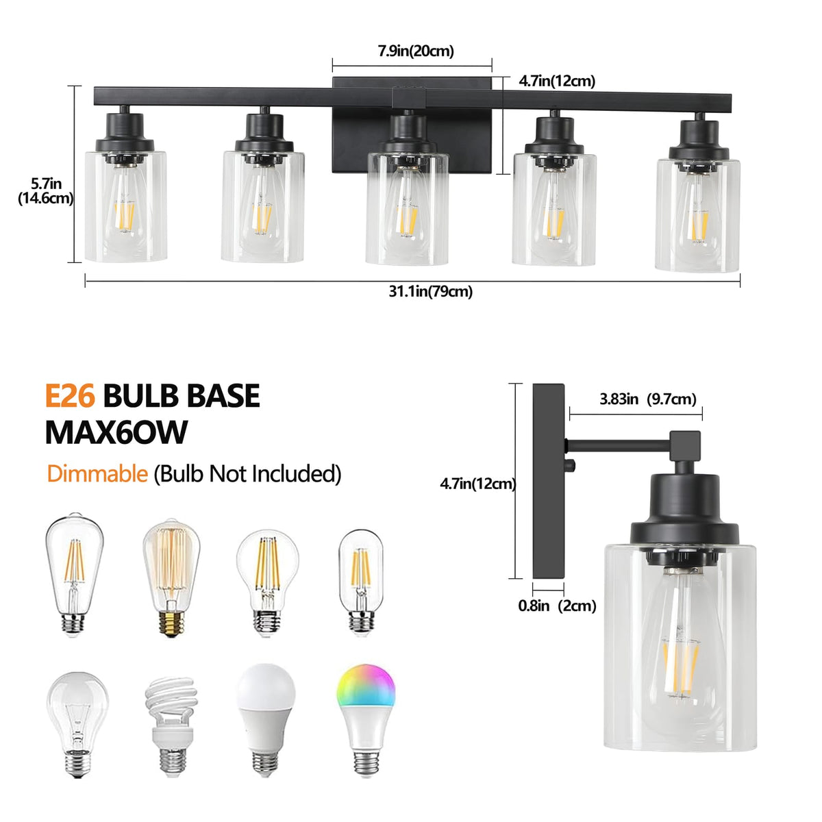 Modern Black 5-Light Bathroom Vanity Light Fixture - Iron & Glass